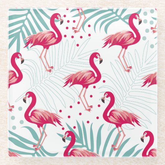 Tropischer Flamingo und Blätter, Sommermuster. Glasuntersetzer (Vorderseite)