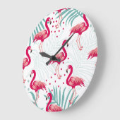 Tropischer Flamingo und Blätter, Sommermuster. Große Wanduhr (Winkel)