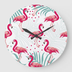 Tropischer Flamingo und Blätter, Sommermuster. Große Wanduhr