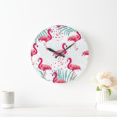 Tropischer Flamingo und Blätter, Sommermuster. Große Wanduhr (Zuhause)