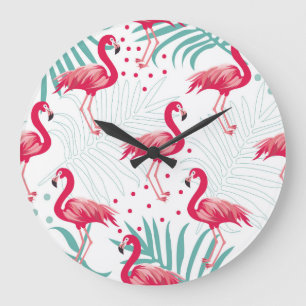 Tropischer Flamingo und Blätter, Sommermuster. Große Wanduhr