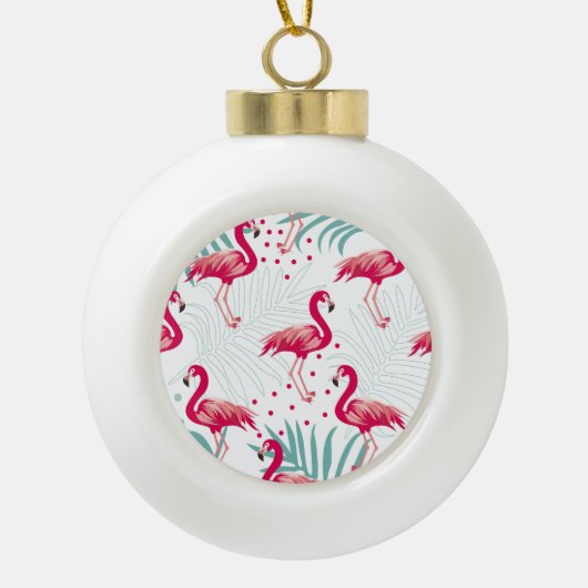 Tropischer Flamingo und Blätter, Sommermuster. Keramik Kugel-Ornament (Vorderseite)