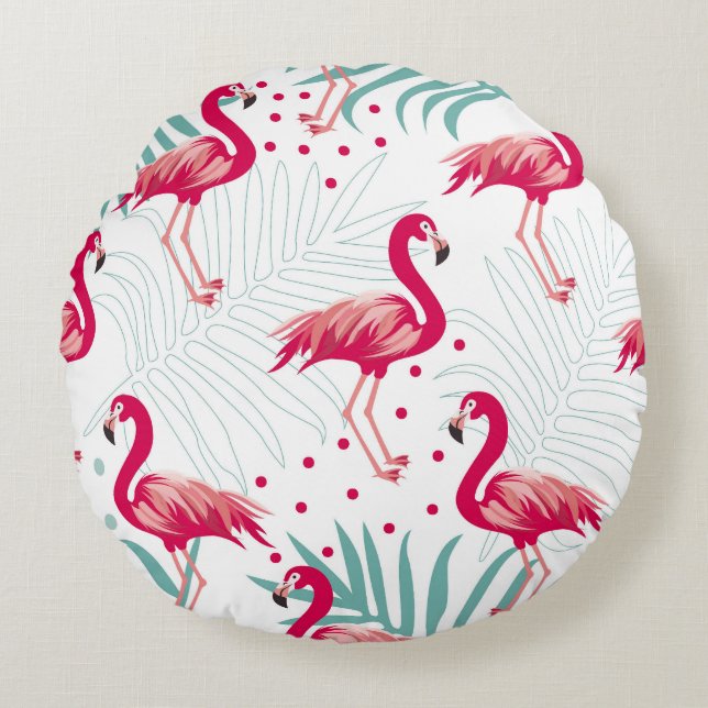 Tropischer Flamingo und Blätter, Sommermuster. Rundes Kissen (Vorderseite)