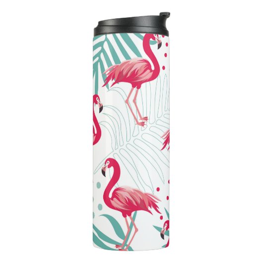 Tropischer Flamingo und Blätter, Sommermuster. Thermosbecher (Nach links gedreht)