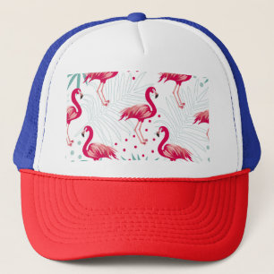 Tropischer Flamingo und Blätter, Sommermuster. Truckerkappe