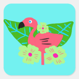 Tropischer Flamingo und Blume Quadratischer Aufkleber