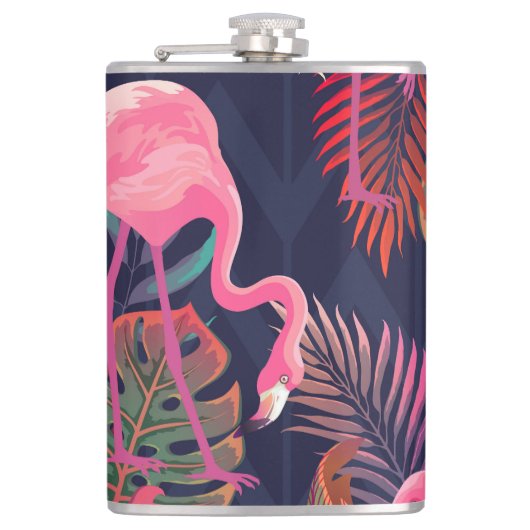 Tropischer Flamingo: Vintages Palmmuster. Flachmann (Vorderseite)