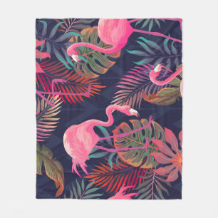 Tropischer Flamingo: Vintages Palmmuster. Fleecedecke