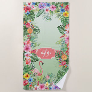 Tropischer Flamingo Watercolor Monogram Name Strandtuch