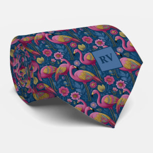 Tropischer Flamingogarten auf Navyblau Krawatte