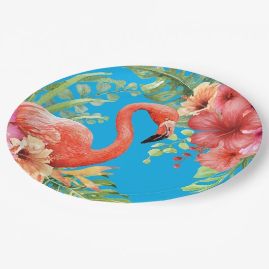 Tropischer Flamingos-Hibiskus Pappteller (Schrägansicht)