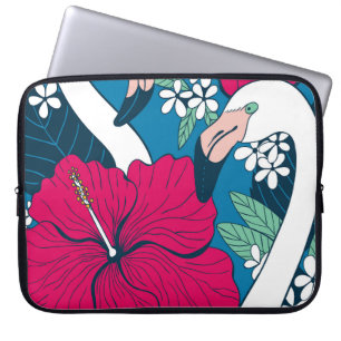 Tropischer Flamingos: Hibiskus Plumeria Hintergrun Laptopschutzhülle