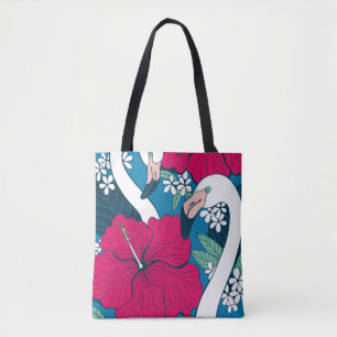 Tropischer Flamingos: Hibiskus Plumeria Hintergrun Tasche
