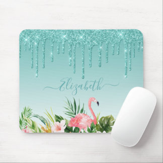 Tropischer, floraler Aquamariner Glitzer Mousepad