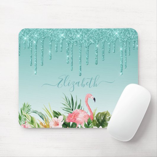 Tropischer, floraler Aquamariner Glitzer Mousepad (Mit Mouse)
