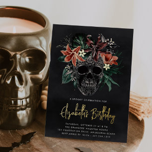 Tropischer floraler Totenkopf Halloween-Geburtstag Folieneinladung