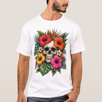 Tropischer floraler Totenkopf Vibrant Hawaiian Bot T-Shirt