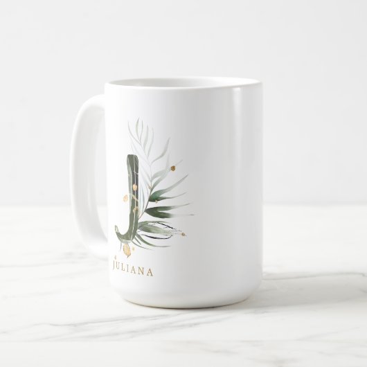 Tropischer Foliage Monogram Letter "J" Personalisi Kaffeetasse (Vorderseite Links)