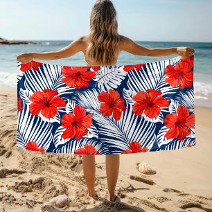 Tropischer Foliage Roter Hibiskus Strandtuch