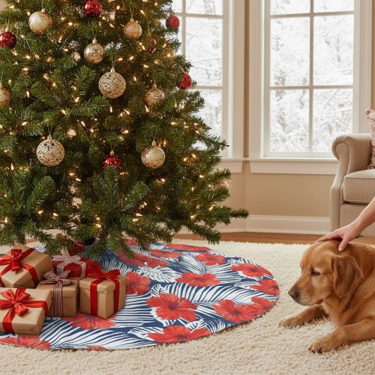 Tropischer Foliage Roter Hibiskus | Weihnachten Polyester Weihnachtsbaumdecke