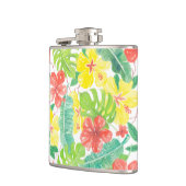 Tropischer Garten, Hibiskus-Plumeria und Blätter a Flachmann (Links)