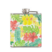 Tropischer Garten, Hibiskus-Plumeria und Blätter a Flachmann (Rückseite)