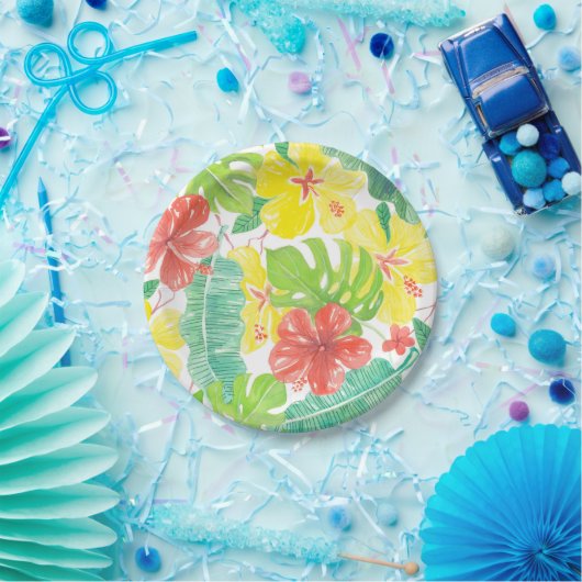 Tropischer Garten, Hibiskus-Plumeria und Blätter a Pappteller (Party)