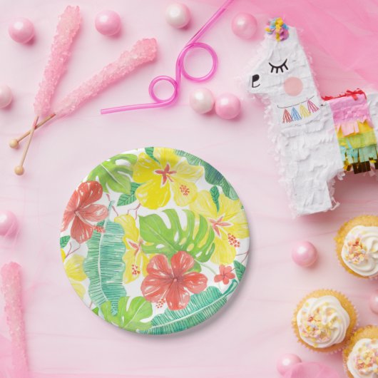 Tropischer Garten, Hibiskus-Plumeria und Blätter a Pappteller (Party)