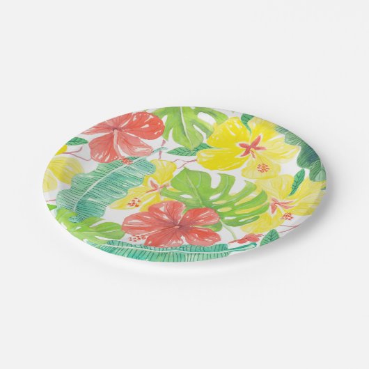 Tropischer Garten, Hibiskus-Plumeria und Blätter a Pappteller (Schrägansicht)