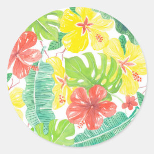 Tropischer Garten, Hibiskus-Plumeria und Blätter a Runder Aufkleber