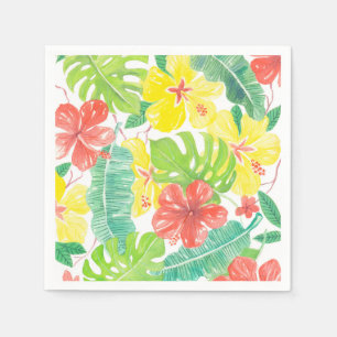 Tropischer Garten, Hibiskus-Plumeria und Blätter a Serviette