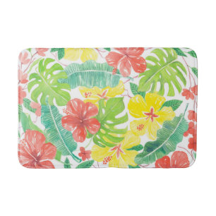Tropischer Garten, Hibiskus Plumeria und Palmblätt Badematte