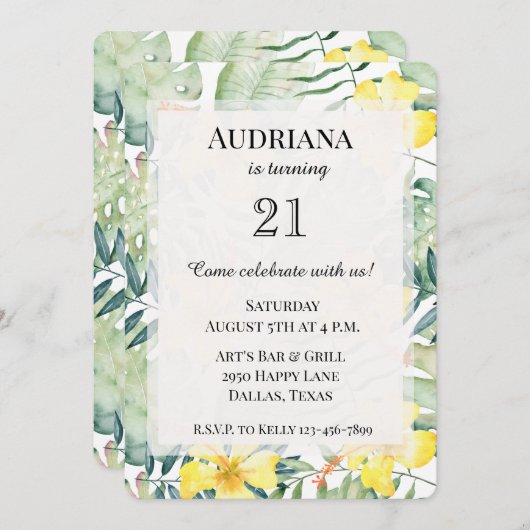 Tropischer Gelber Hibiskus Blumenkohl Blätter Gebu Einladung (Vorne/Hinten)