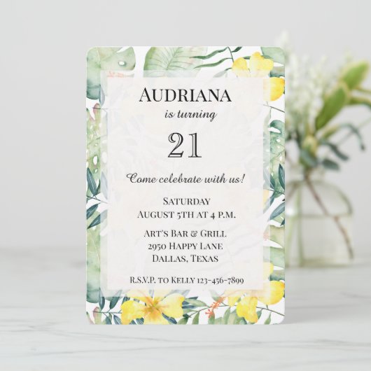 Tropischer Gelber Hibiskus Blumenkohl Blätter Gebu Einladung (Stehend Vorderseite)