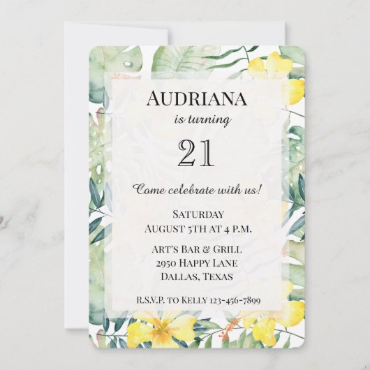 Tropischer Gelber Hibiskus Blumenkohl Blätter Gebu Einladung (Vorderseite)