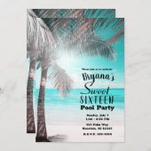 Tropischer Glam Pink Aqua Blue Beach Palm Sweet 16 Einladung (Vorne/Hinten)