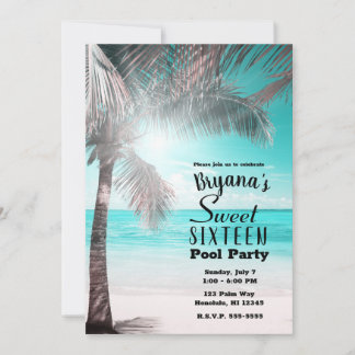 Tropischer Glam Pink Aqua Blue Beach Palm Sweet 16 Einladung
