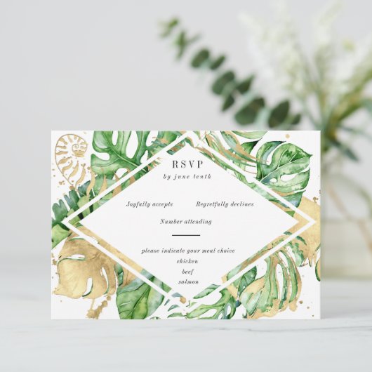 Tropischer Golden Foliage RSVP-Karte RSVP Karte (Stehend Vorderseite)