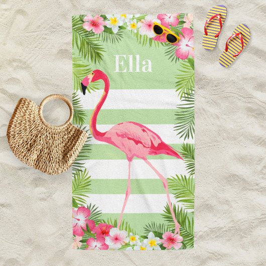 Tropischer, grüner Flamingo-Individuelle Name Strandtuch