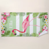 Tropischer, grüner Flamingo-Individuelle Name Strandtuch (Vorderseite)