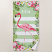 Tropischer, grüner Flamingo-Individuelle Name Strandtuch (Vorderseite)