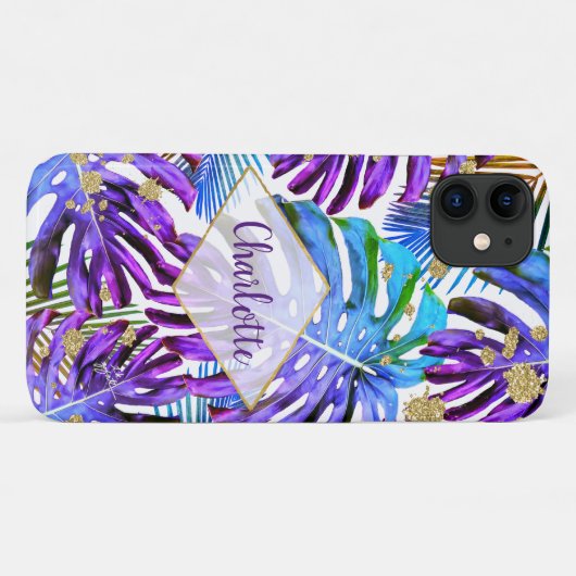 Tropischer Grüner Glitzer Lila Leaf Muster Name Case-Mate iPhone Hülle (Rückseite (Horizontal))