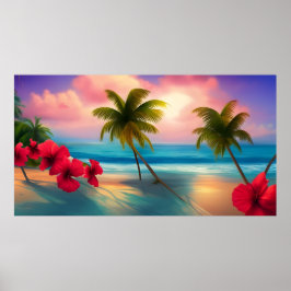 Tropischer Hibiskus Beach Mondlicht Ozeanpalmen Poster