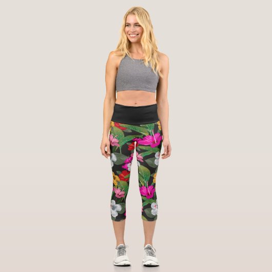 Tropischer Hibiskus Blume Capri Leggings (Vorderseite)