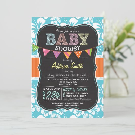 Tropischer Hibiskus Blume Chalkboard Babydusche Einladung (Stehend Vorderseite)