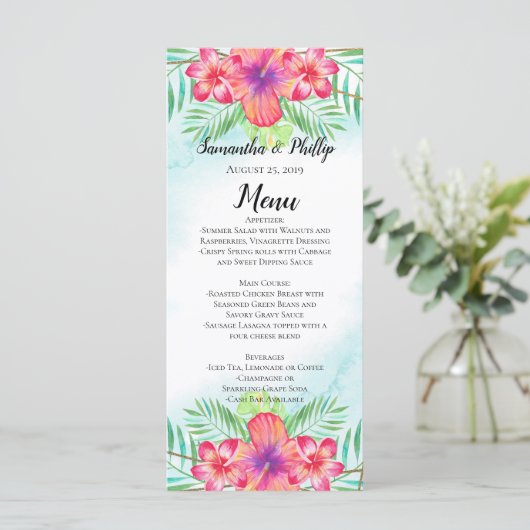Tropischer Hibiskus Blume Wasserfarbe Strandmenü Menükarte (Stehend Vorderseite)