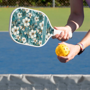 Tropischer Hibiskus Blumen Teal Pickleball Schläger