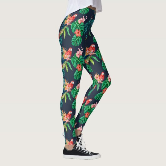 Tropischer Hibiskus Blumendruck mit Jungle Parrot  Leggings (Rechts)