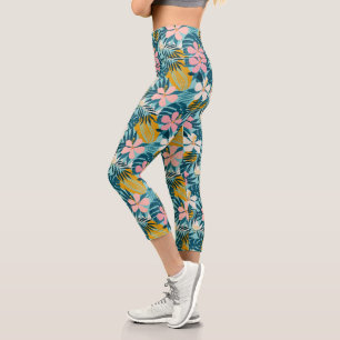 Tropischer Hibiskus Blumenmuster Capri Leggings