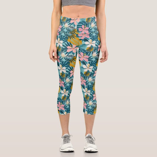 Tropischer Hibiskus Blumenmuster Capri Leggings (Vorderseite)